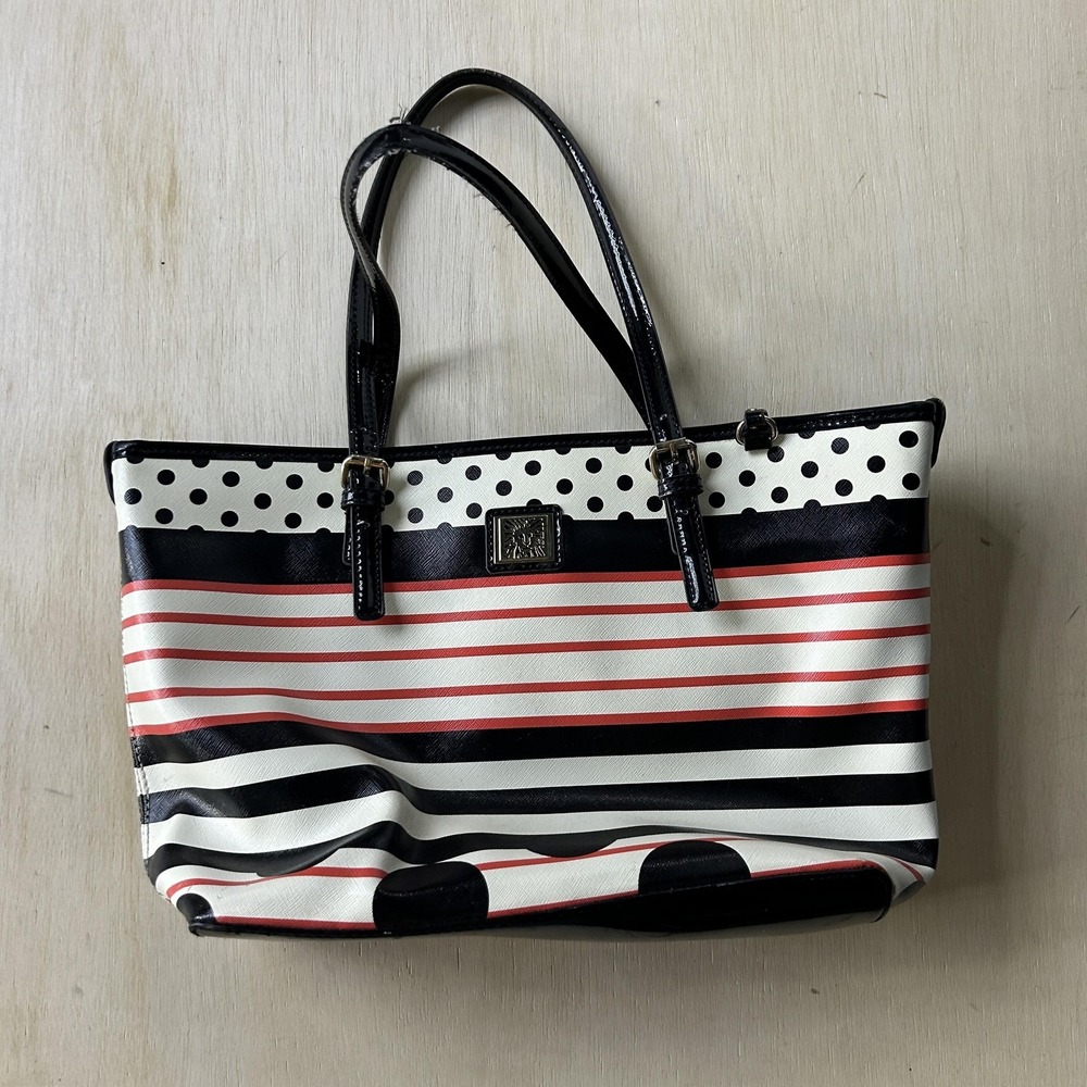 Anne Klein Tote Bag Womens Medium Multicolor Faux Leather Stripe Dot Pattern